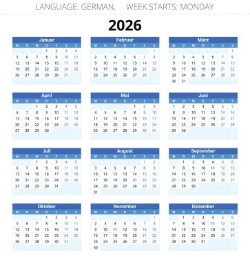 2026 yılı için Alman takvimi. Almanya için mavi vektör illüstrasyonu
