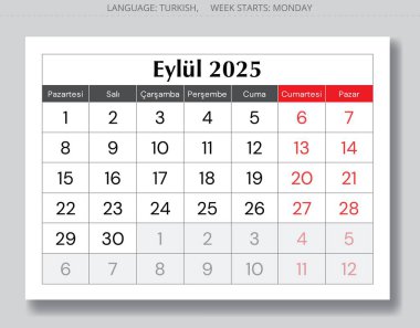 Eylül 2025 tarihli Türk takviminin gölgeli sayfası. Türkiye için sonbahar ayı için vektör illüstrasyonu