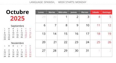 2025 İspanyol takvimi - 1 ay oktav. İspanya için bir aylık vektör illüstrasyonları