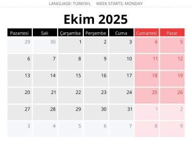 Ekim 2025 için Türk takvimi - Takim ekim. Türkiye için bir aylık vektör illüstrasyonu
