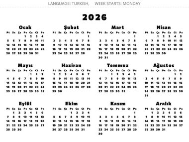 Kalın yazı tipli 2026 yıllık Türk takvimi. Türkiye için vektör illüstrasyonu - Türk takvimi