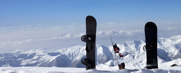 Three Snowboards Snow Piste Slope Sun Winter Day Caucasus Mountains — Stock Photo, Image