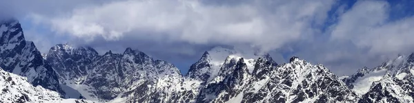 Panorama Snowy Mountains Haze Sunny Winter Day Caucasus Mountains Svaneti — Stock Photo, Image