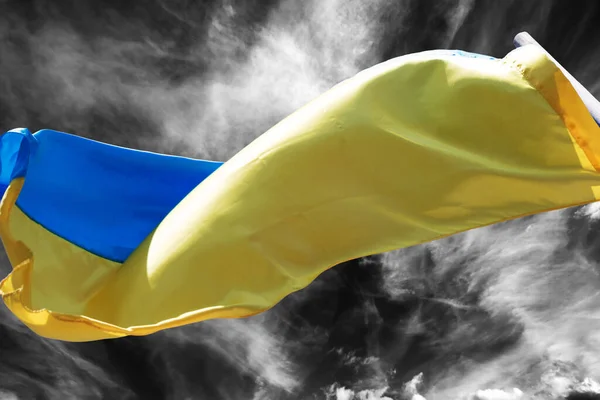 Солнечный Свет Украинского Флага Машущего Ветром Черно Белом Небе Бури — стоковое фото
