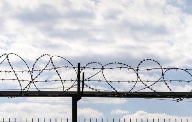 Coiled barbed wire fence and blue sky with clouds at background 