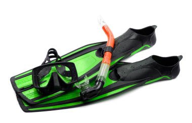 Mask, red snorkel and flippers of light green color with water drops. Diving gear isolated on white background.