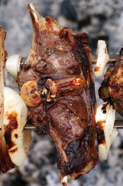 Shashlik of lamb with fried crust on barbecue skewer. Outdoor cooking on bonfire. Close-up view.