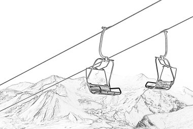 Ropeway at ski resort in high winter mountains. Black and white imitation of pencil drawing. Isolated on white background.