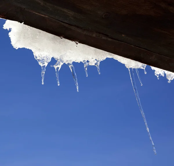 Wooden Roof Snow Cornice Icicles Sun Winter Day Bottom View — Stock Photo, Image