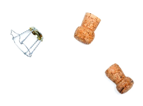 Twee Kurken Van Champagnewijn Muselet Het Feest Geïsoleerd Witte Achtergrond Stockfoto