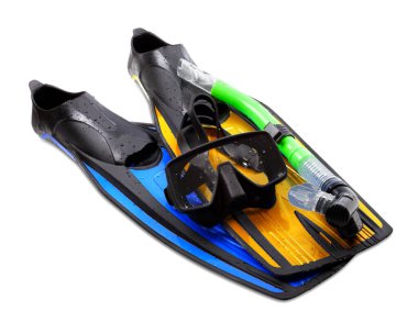 Maske, şnorkel ve farklı renkte paletler. Dalış takımları beyaz arkaplanda izole edildi.