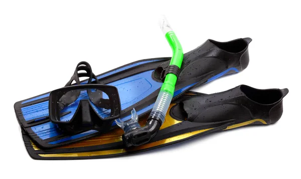 Mascarilla Snorkel Aletas Natación Diferentes Colores Con Gotas Agua Equipo — Foto de Stock