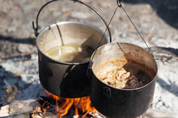 Cooking Two Sooty Old Pots Bonfire Sunny Summer Day Close — Stock Photo, Image