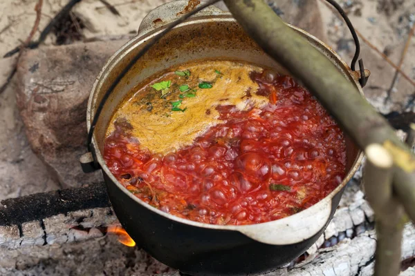 Borscht Ukrainian Traditional Soup Cooking Old Sooty Cauldron Campfire Summer — Stock Photo, Image