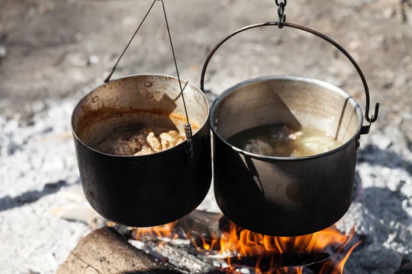 Cooking Two Sooty Old Pots Campfire Sunny Summer Day — Stock Photo, Image