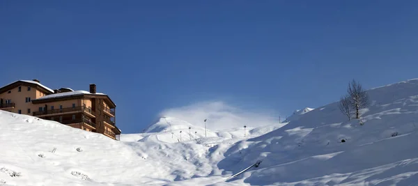 Panoramic View Snowy Piste Slope Hotel Winter Mountains Caucasus Mountains — Stock Photo, Image