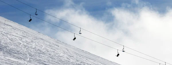 Panoramic View Snow Piste Ski Slope Chair Lift Fog Caucasus — Stock Photo, Image