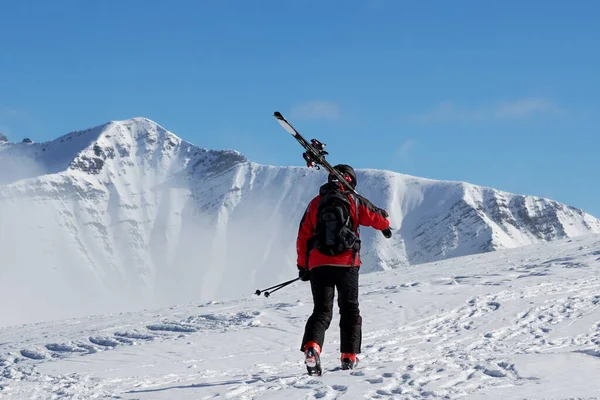 Omzunda Kayaklarla Kayakçı Soğuk Güneş Gününde Karlı Dağın Zirvesine Çıkar — Stok fotoğraf