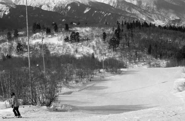 Descente Skieuse Sur Piste Enneigée Soleil Jour Hiver Montagnes Caucase — Photo