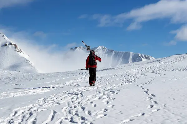 Omzunda Kayaklarla Kayakçı Güneşli Bir Günde Karlı Dağın Zirvesine Çıkar — Stok fotoğraf