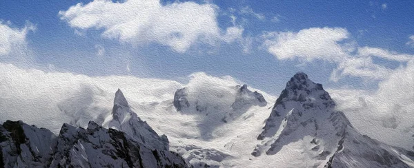 雪山全景 蓝天云彩 高加索山脉在冬季 东湾地区 贝拉卡亚山 从滑雪场看 油漆效果过滤器 — 图库照片