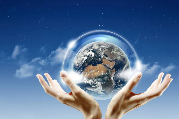 Jorden Vårt Hem Blue Planet Mänskliga Händer Abstrakt Eko Och — Stockfoto