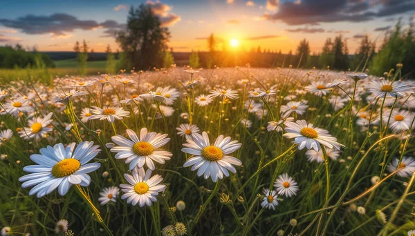 Yaz Zamanı Papatya Çiçekleri Yaz Çayırlarında Doğal Arka Planda — Stok fotoğraf