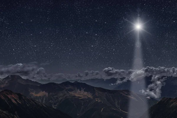 Stella Brilla Sulla Mangiatoia Natale Gesù Cristo Panorama — Foto Stock