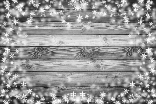 Textura Pared Madera Marrón Con Nieve Blanca Estrellas Fondo Navidad — Foto de Stock