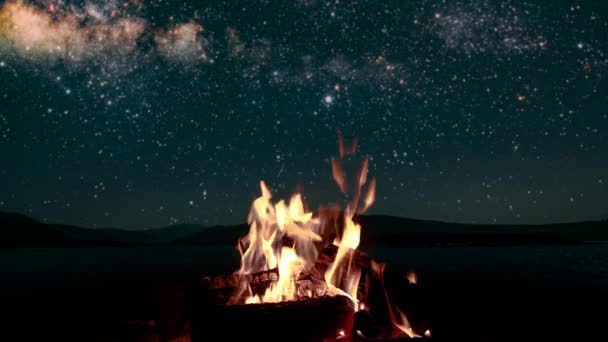 篝火在群山和大海的映衬下燃烧 群星闪烁 — 图库视频影像