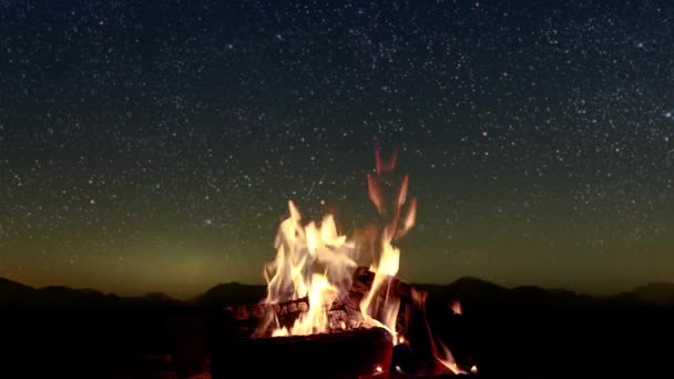 篝火在群山和大海的映衬下燃烧 群星闪烁 — 图库视频影像