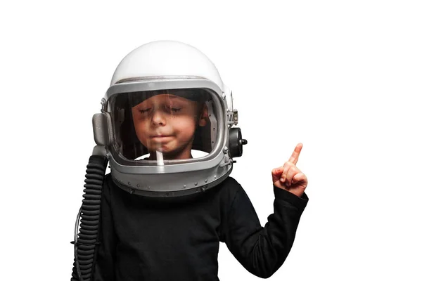 小孩想戴着飞机头盔驾驶飞机 — 图库照片
