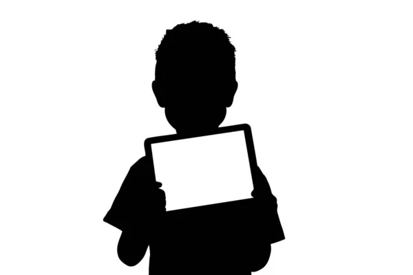 Gelukkig Kind Jongen Met Een Tablet Witte Achtergrond — Stockvector