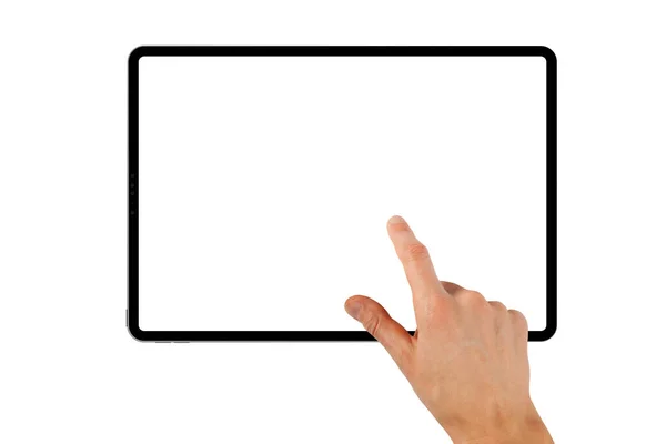 Tablet Ipad Een Hand Witte Achtergrond — Stockfoto
