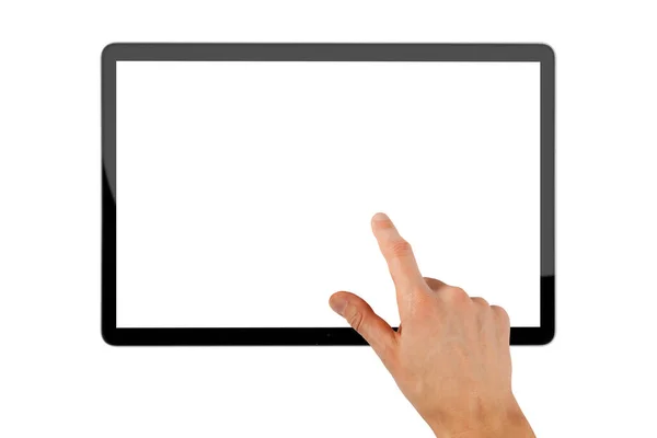 在白色背景上手握平板Ipad — 图库照片