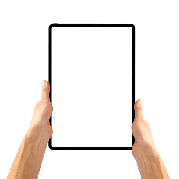 Tablet Ipad Der Hand Auf Weißem Hintergrund — Stockfoto