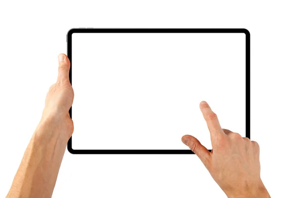 Tablet Ipad Ένα Χέρι Για Λευκό Φόντο — Φωτογραφία Αρχείου