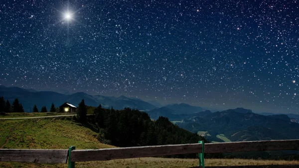 Natthimmel Skogen Med Stjärnor Och Måne — Stockfoto