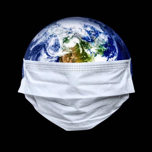 Tüm Dünya Karantinaya Alındı Dünya Siyah Arka Planda Bir Maske — Stok fotoğraf
