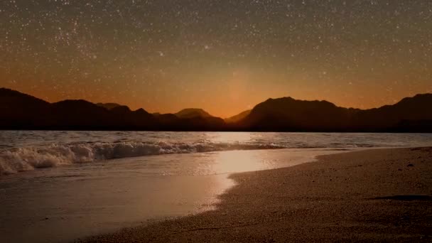 Gece Denizi Dağların Manzarası Yıldızlı Gökyüzü — Stok video