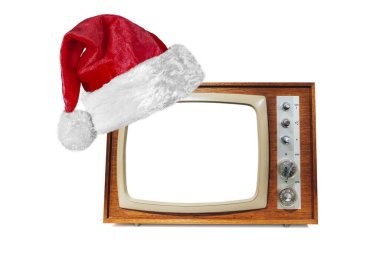 Beyaz arka planda Noel Baba şapkalı retro televizyon.