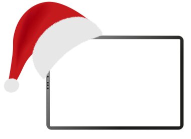 Şeffaf bir arkaplanda Noel Baba şapkası olan bir tablet. 