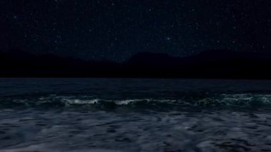 Gece denizi, dağların manzarası ve yıldızlı gökyüzü. Yüksek kalite 4k görüntü