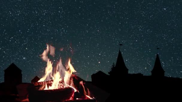 Geceleyin Parlak Yıldızlı Bir Şenlik Ateşi Dağların Denizin Arka Planında — Stok video