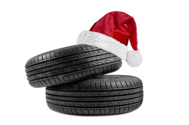 Siyah izolasyon lastik lastik lastik, Noel Baba şapkası takıyor.
