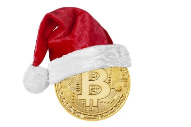 Noel için Noel Baba şapkalı bir bitcoin.