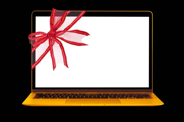 modern laptop computer with red ribbon for Christmas on a transparent background in PNG format