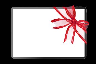 Noel için kırmızı kurdeleli tablet bilgisayarı PNG biçiminde şeffaf bir arkaplanda izole edildi