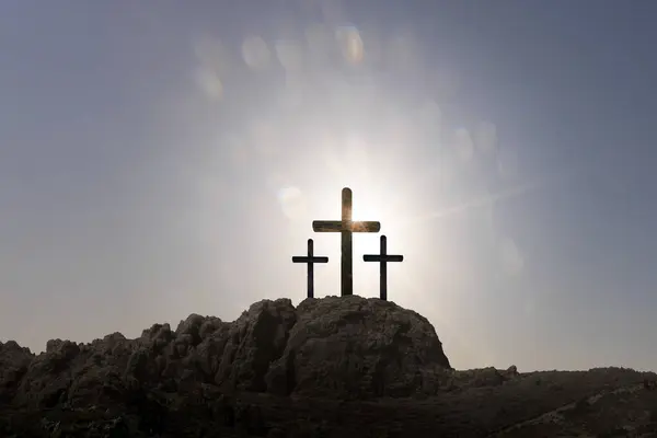 Хрест Великодньому Хресті Світанку Гора Сході Сонця Великодній Фон — стокове фото