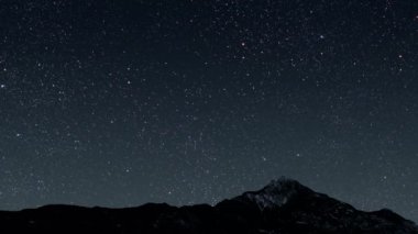 Gece gökyüzünde dağların manzarasıyla yıldızların hareketi